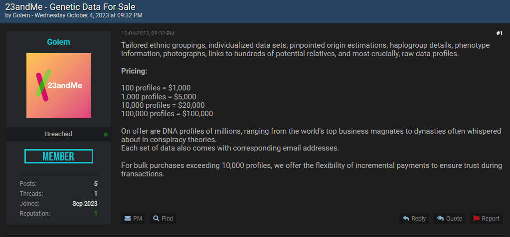 Selling stolen genetic data profiles in bulk